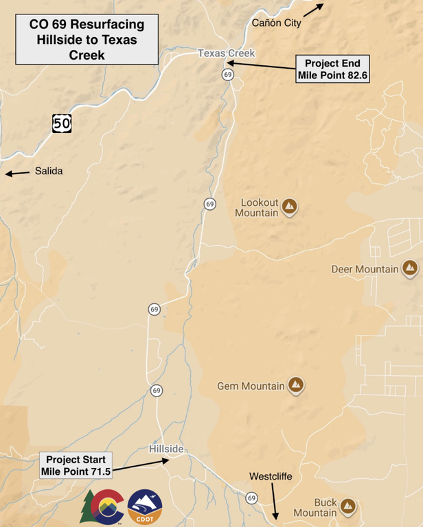 Map of CO 69 Resurfacing project from start point at MP 71.5 (Hillside north of Westcliffe) to Texas Creek (US 50).