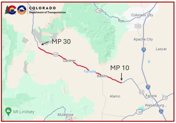 Map of the CO 69 Walsenburg Shoulder Widening and Safety Improvements project MP 30 to MP 10 