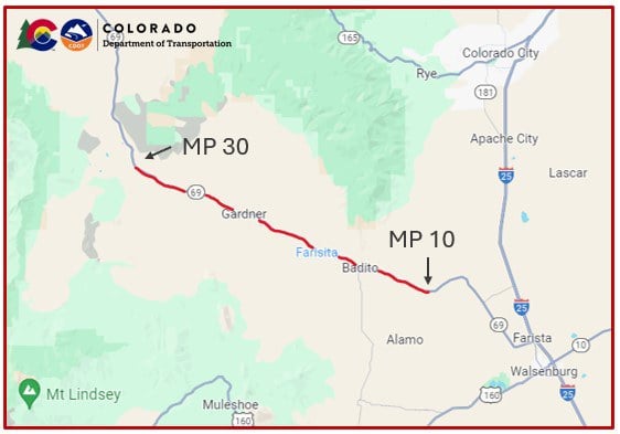 Map of the CO 69 Walsenburg Shoulder Widening and Safety Improvements project MP 30 to MP 10 