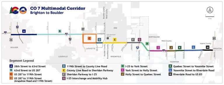 ​The CO7 Corridor project map showing project segments from A through M 
