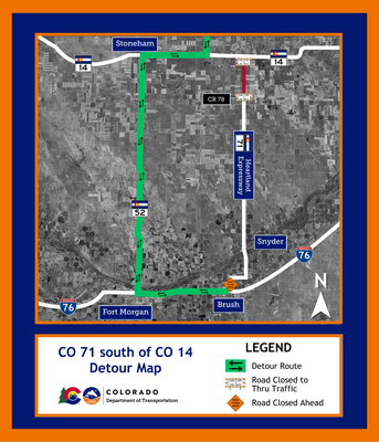 Detour map of CO 71 (Heartland Expressway) full closure located south of CO 14 and north of Brush