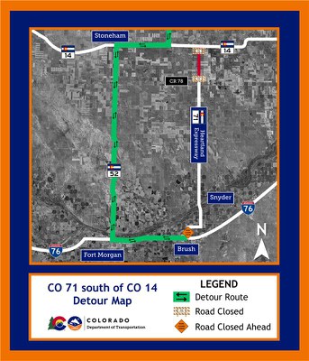 Detour map of CO 71 (Heartland Expressway) full closure located south of CO 14 and north of Brush