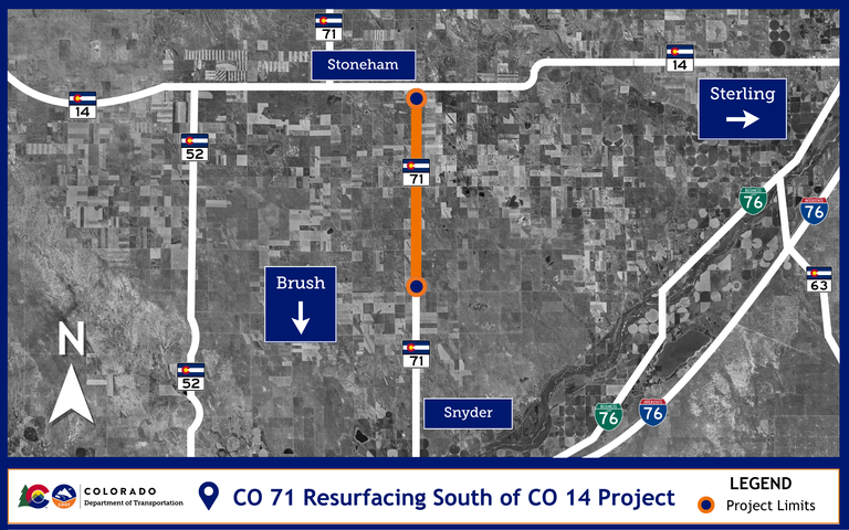 Project location map on CO 71 (Heartland Expressway), located south of CO 14 and north of Snyder and Brush Project location map on CO 71 (Heartland Expressway), located south of CO 14 and north of Snyder and Brush