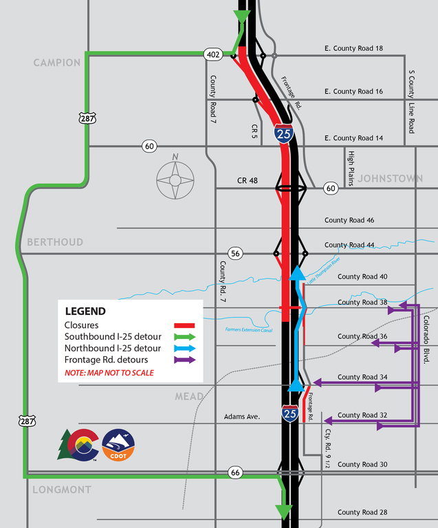Map showing I-25 closure, Weld County Road 38 closure, Colorado Highway 56 and Colorado Highway 60 ramp closures, and I-25 Frontage Road closure and associated detour routes. Map showing I-25 closure, Weld County Road 38 closure, Colorado Highway 56 and Colorado Highway 60 ramp closures, and I-25 Frontage Road closure and associated detour routes.
