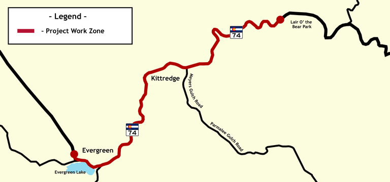 Map of project work zone on CO 74 between Evergreen Lake and Lair O' the Bear Park
