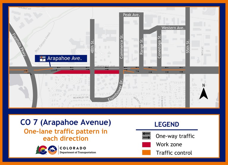 Location map of the eastbound closure on CO 7 (Arapahoe Avenue) between Commerce Street and Foothills Parkway in Boulder. Location map of the eastbound closure on CO 7 (Arapahoe Avenue) between Commerce Street and Foothills Parkway in Boulder. Traffic will be reduced to one lane in both directions in the westbound lanes on CO 7.