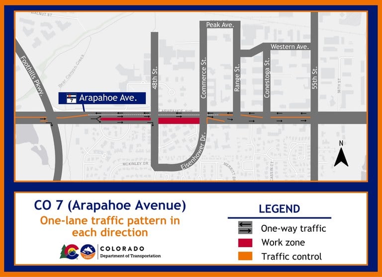 Location map of the eastbound closure on CO 7 (Arapahoe Avenue) between Commerce Street and Foothills Parkway in Boulder. Location map of the eastbound closure on CO 7 (Arapahoe Avenue) between Commerce Street and Foothills Parkway in Boulder.