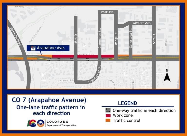 Location map of the westbound closure on CO 7 (Arapahoe Avenue) between Commerce Street and Foothills Parkway in Boulder. Location map of the westbound closure on CO 7 (Arapahoe Avenue) between Commerce Street and Foothills Parkway in Boulder. Traffic will be reduced to one lane in each direction in the eastbound lanes of CO 7