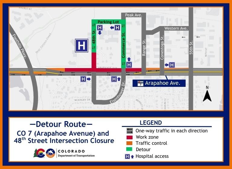 Intersection closure at CO 7 (Arapahoe Avenue) and 48th Street in Boulder. Access to North 48th Street will be closed. Intersection closure at CO 7 (Arapahoe Avenue) and 48th Street in Boulder. Access to North 48th Street will be closed. A detour route is provided in the Traffic Impacts.