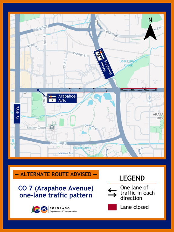 One-lane traffic pattern on CO 7 (Arapahoe Avenue) in Boulder. An alternate route is advised. One-lane traffic pattern on CO 7 (Arapahoe Avenue) in Boulder. An alternate route is advised.