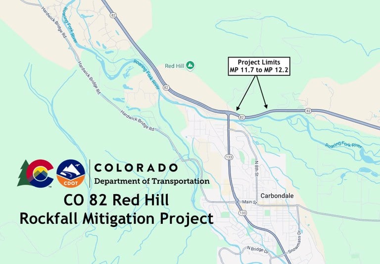 Map of the Red Hill Rockfall Mitigation project location on CO 82 Map of the Red Hill Rockfall Mitigation project location on CO 82