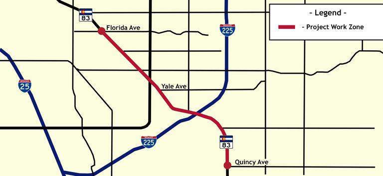Map of project work zone on CO 83 between Florida and Quincy Avenue