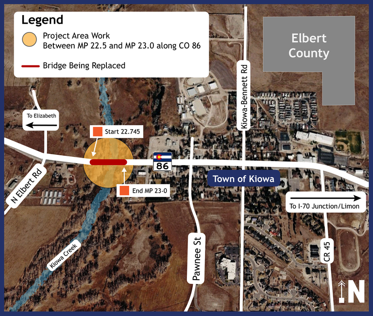 Project location map showing the CO 86 Kiowa Bridge replacement work area in the Town of Kiowa at Kiowa Creek near MP 22.75.