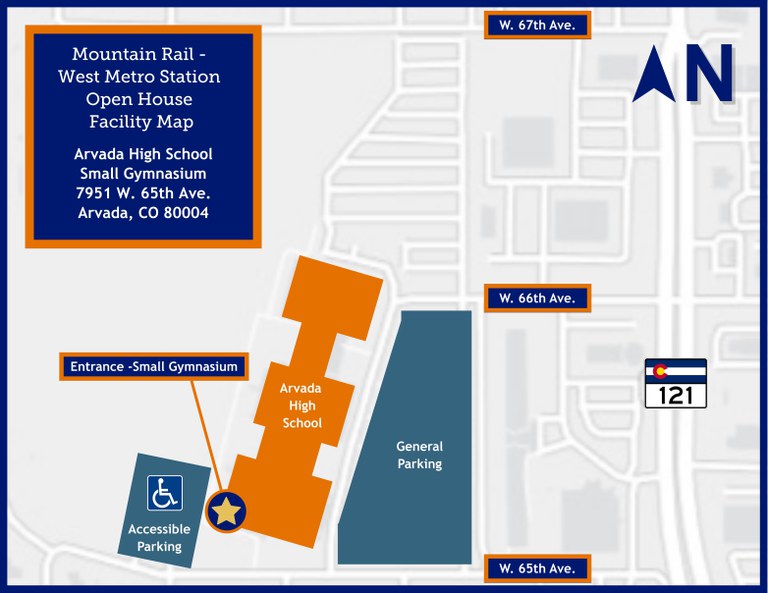 Map of Arvada High School showing the small gymnasium entrance, accessible parking near the entrance, general parking to the east, and nearby streets W. 65th, 66th, and 67th Avenues, with north indicated.