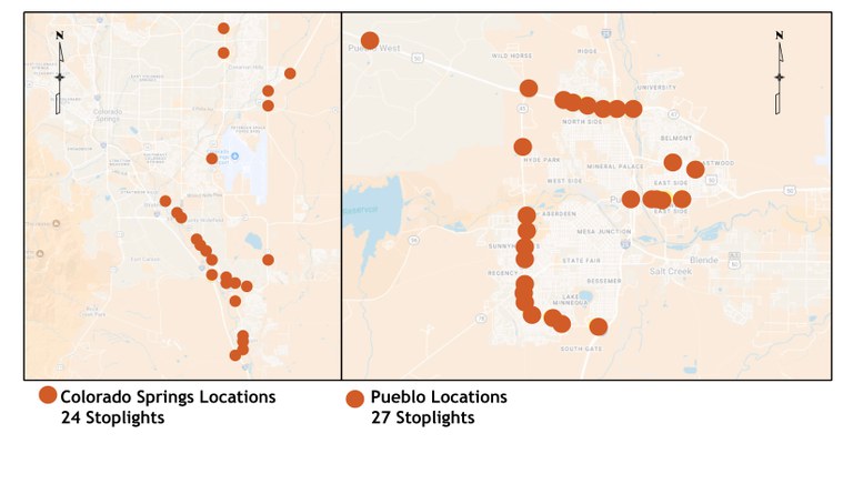Map of intersections for signal upgrades between Colorado Springs and Pueblo