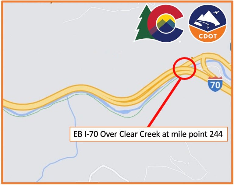 Map depicting I-70 over Clear Creek location