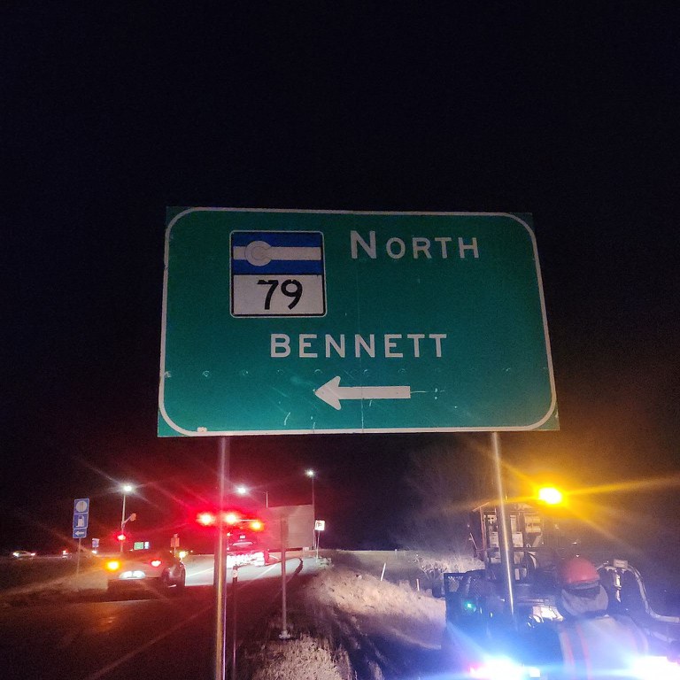 Green road sign on CO 79 North before replacement