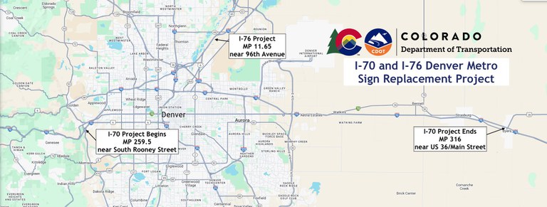 Map of project location for the I-70 and I-76 Denver Metro Sign Replacement