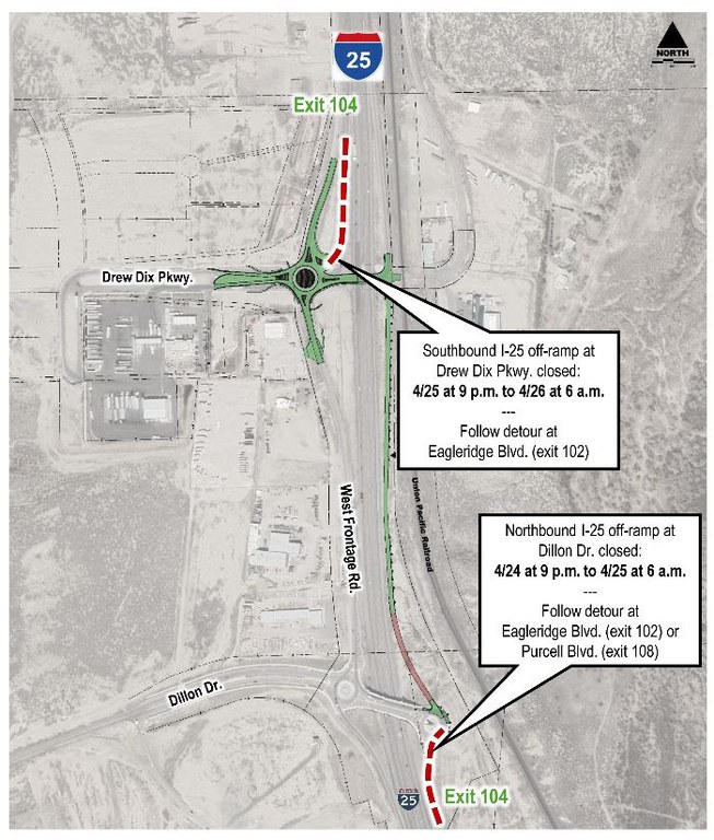 Map of detours for Interstate 25 Exit 104 off ramp closures