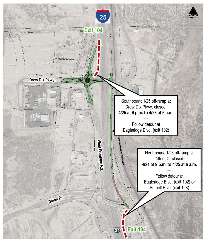 Map of detours for Interstate 25 Exit 104 off ramp closures.jpg detail image