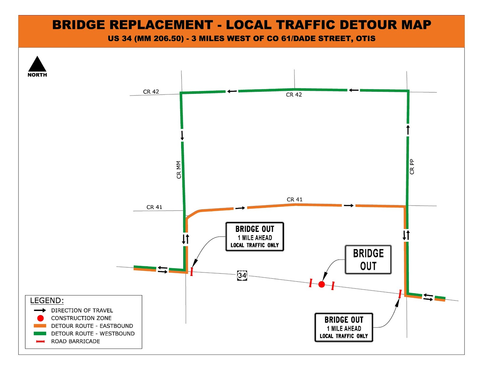 Bridge Replacement Local Traffic Detour Map on US 34 at Mile Point 206 three miles west of CO 61.png detail image