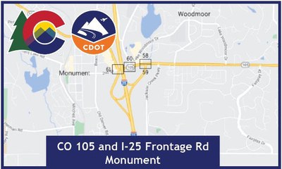 CO 105 and I-25 Frontage Road in Monument map