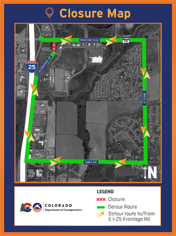 East I-25 Frontage Road closure map
