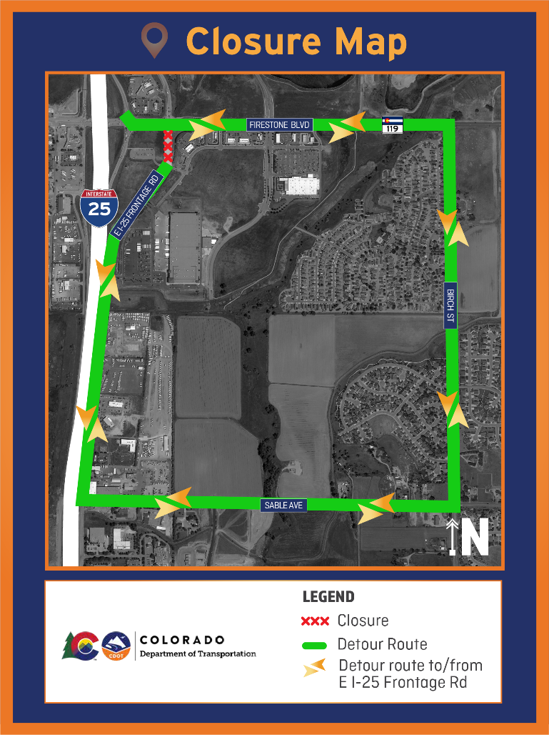 East I-25 Frontage Road closure map.png detail image