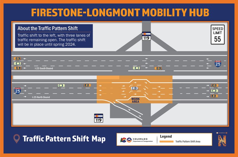 I-25 & CO 119 Transit Mobility Hub: I-25 North Traffic Shift Map showing north traffic shift at I-25 and CO 119 Transit Mobility Hub