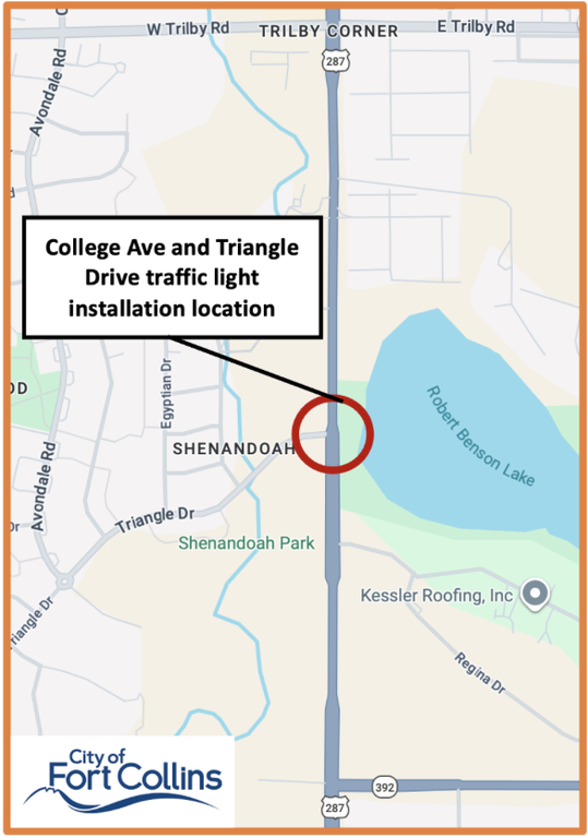 Map showing project location at College Avenue and Triangle Drive intersection