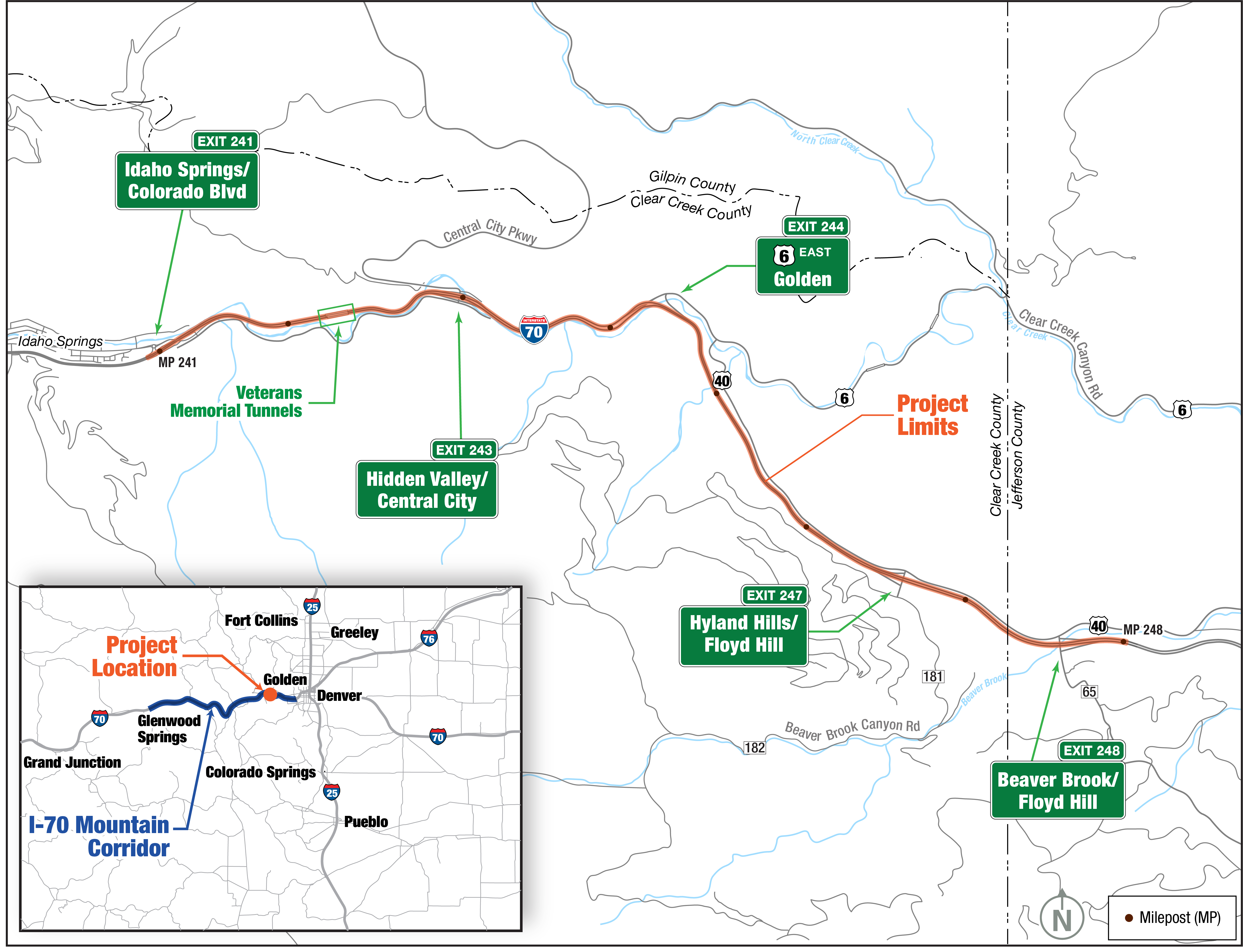 I-70 Floyd Hill to Veteran Memorial Tunnels Improvements project limits study area map