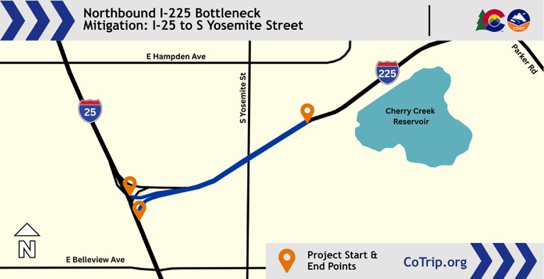 Map showing the project work location on I-225 between I-25 and South Yosemite Street