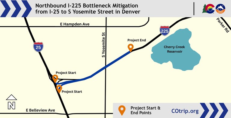 Map showing the project work location on I-225 between I-25 and South Yosemite Street