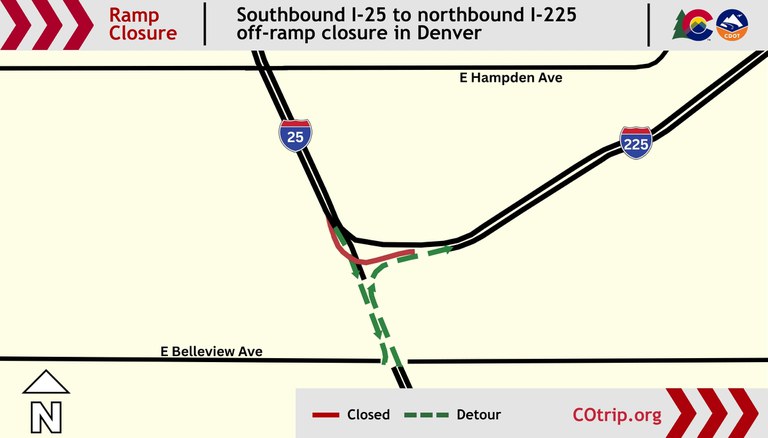 Map of the southbound I-25 to northbound I-225 off-ramp closure and detour route.