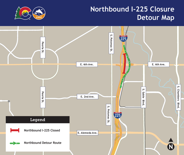 Map of northbound I-225 at East 6th Avenue closure and detour