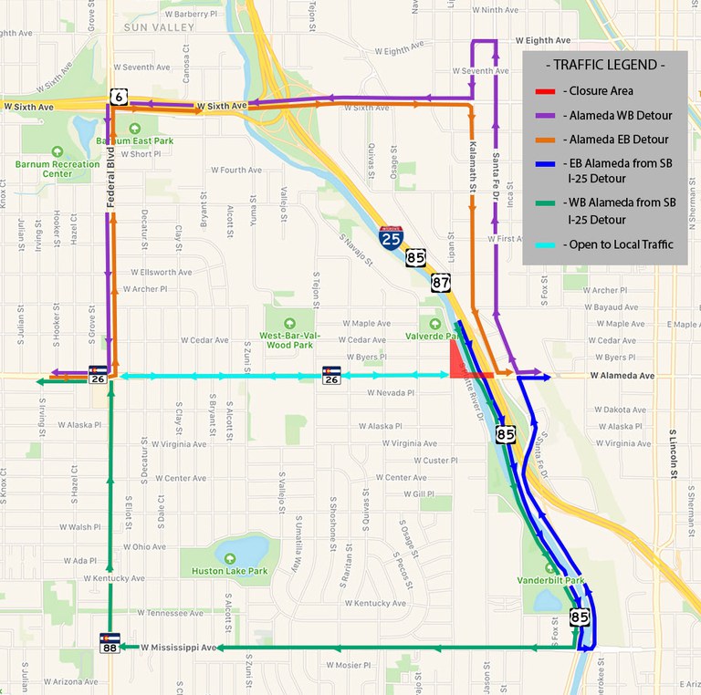 Alameda Avenue bridge over South Platte River detour map