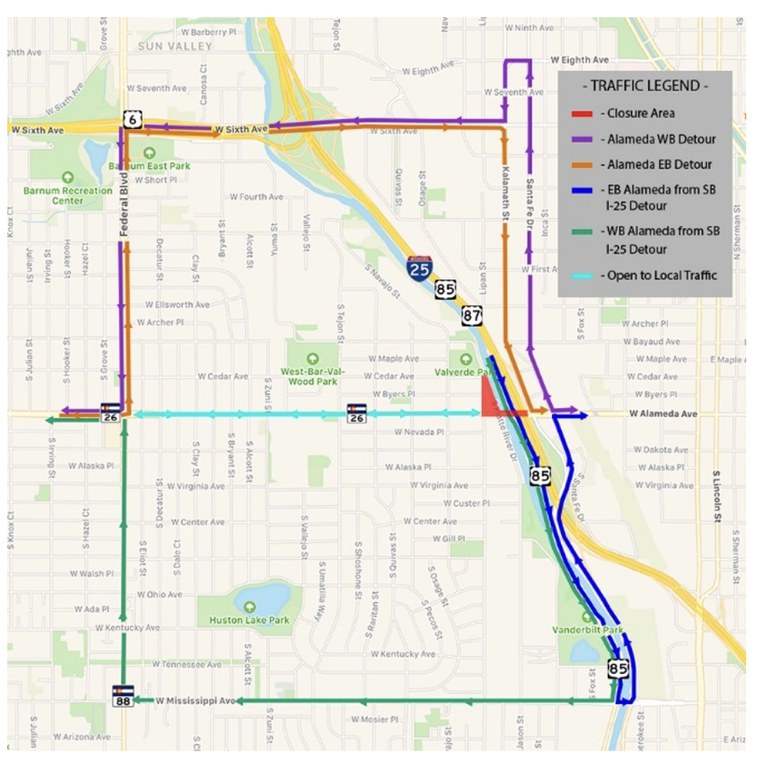 Map of closure area and detour route for I-25 and Alameda bridge reconstruction