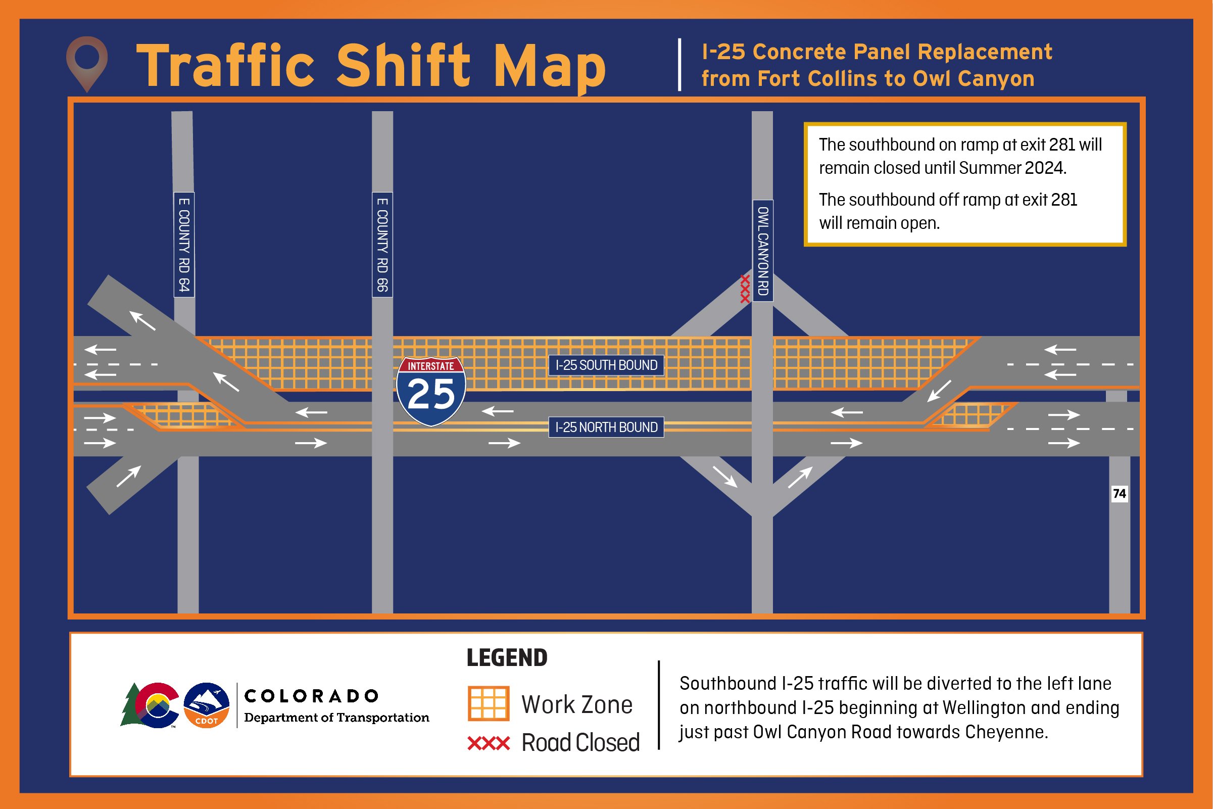 Map showing I-25 Concrete Panel Replacement from Fort Collins to Owl Canyon