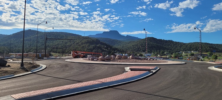 East view of new roundabout and paving at Exit 11 with Fishers Peak in the background. Photo Aaron Westhoff