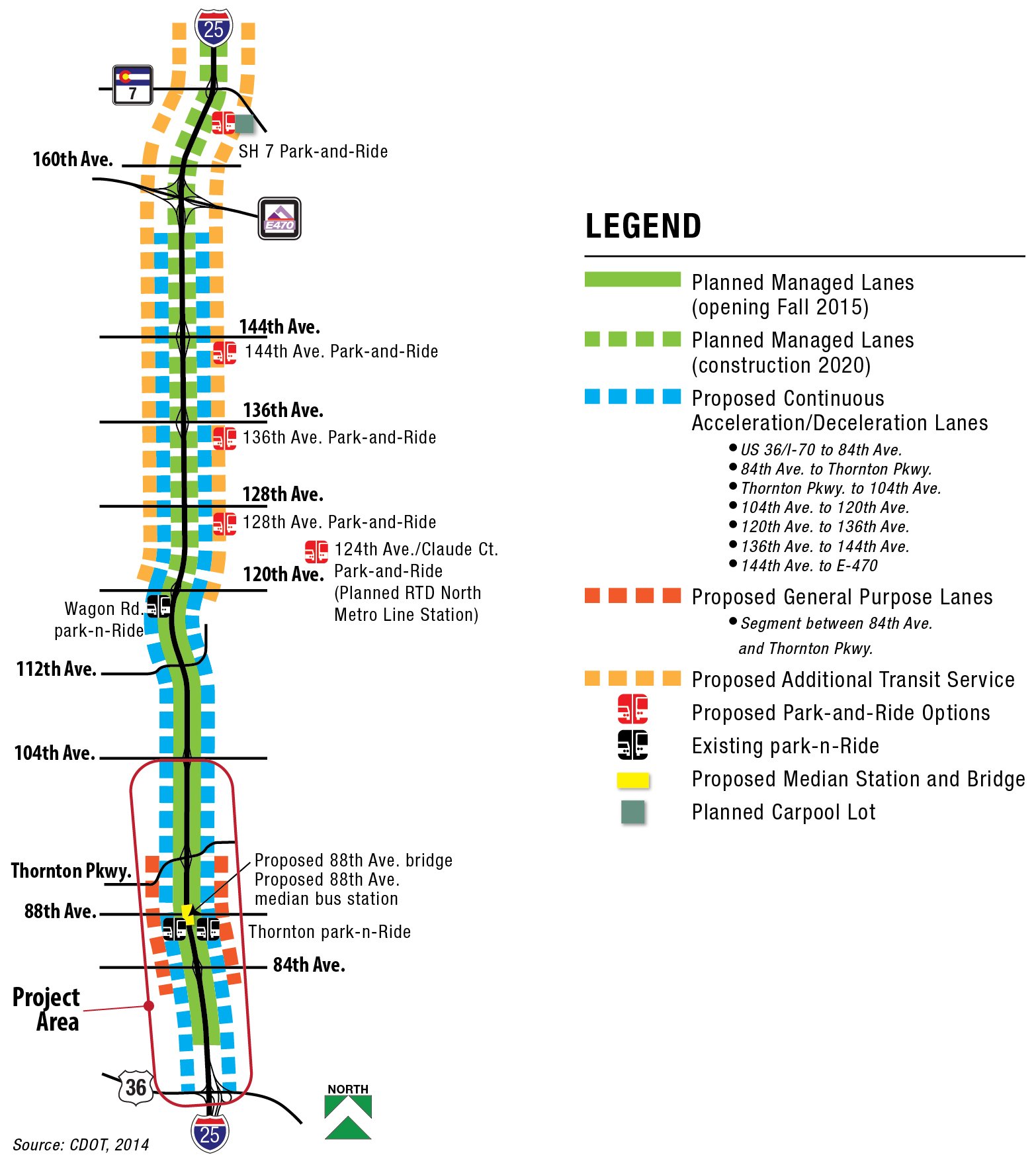 I-25 (US 36 to 104th Ave) Improvements project recommended alternatives map  