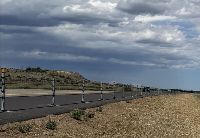 The completed Interstate 25 median cable rail north of Pueblo.