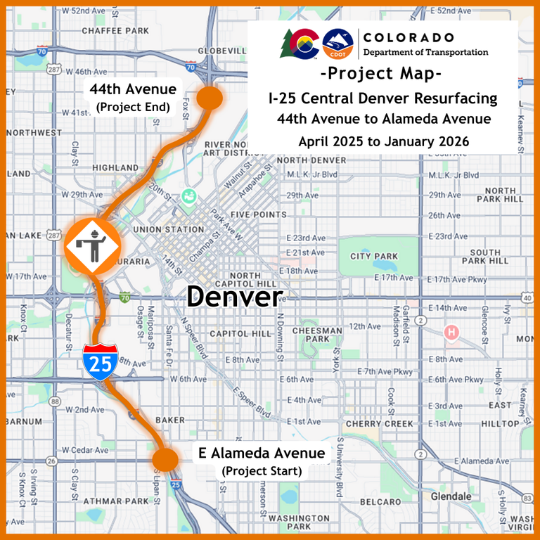Project location map for I-25 resurfacing in central Denver Project location map for I-25 resurfacing in central Denver, Colo.