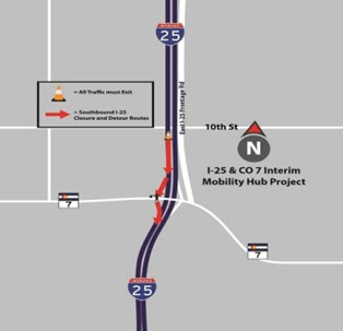 I-25 and CO 7 Mobility Hub map of southbound I-25 overnight closure detours.jpg detail image