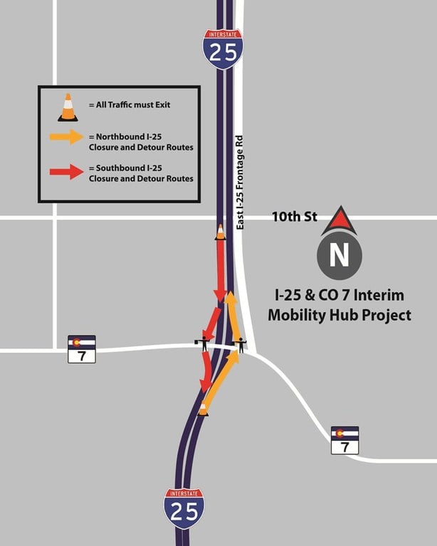 I-25 detour route via off- and on-ramps at CO 7 