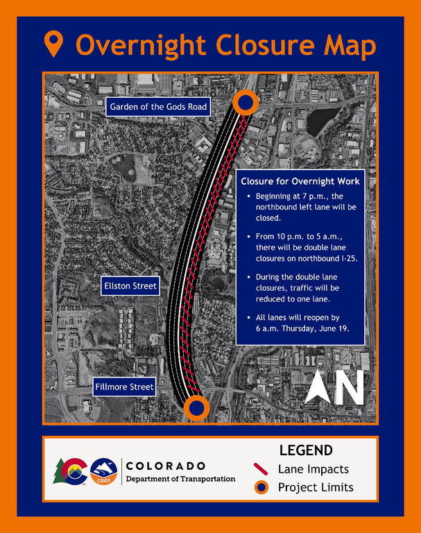 A map of I-25 in Colorado Springs indicating northbound lane closures from Fillmore Street to Garden of the Gods Road on June 18 from 7 p.m. to 5 a.m. A map of I-25 in Colorado Springs indicating northbound lane closures from Fillmore Street to Garden of the Gods Road on June 18 from 7 p.m. to 5 a.m.