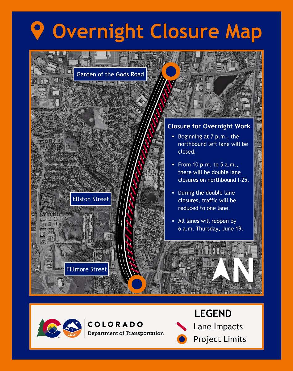 I-25 in Colorado Springs map indicating northbound lane closures from Fillmore Street to Garden of the Gods Road on June 18.png detail image