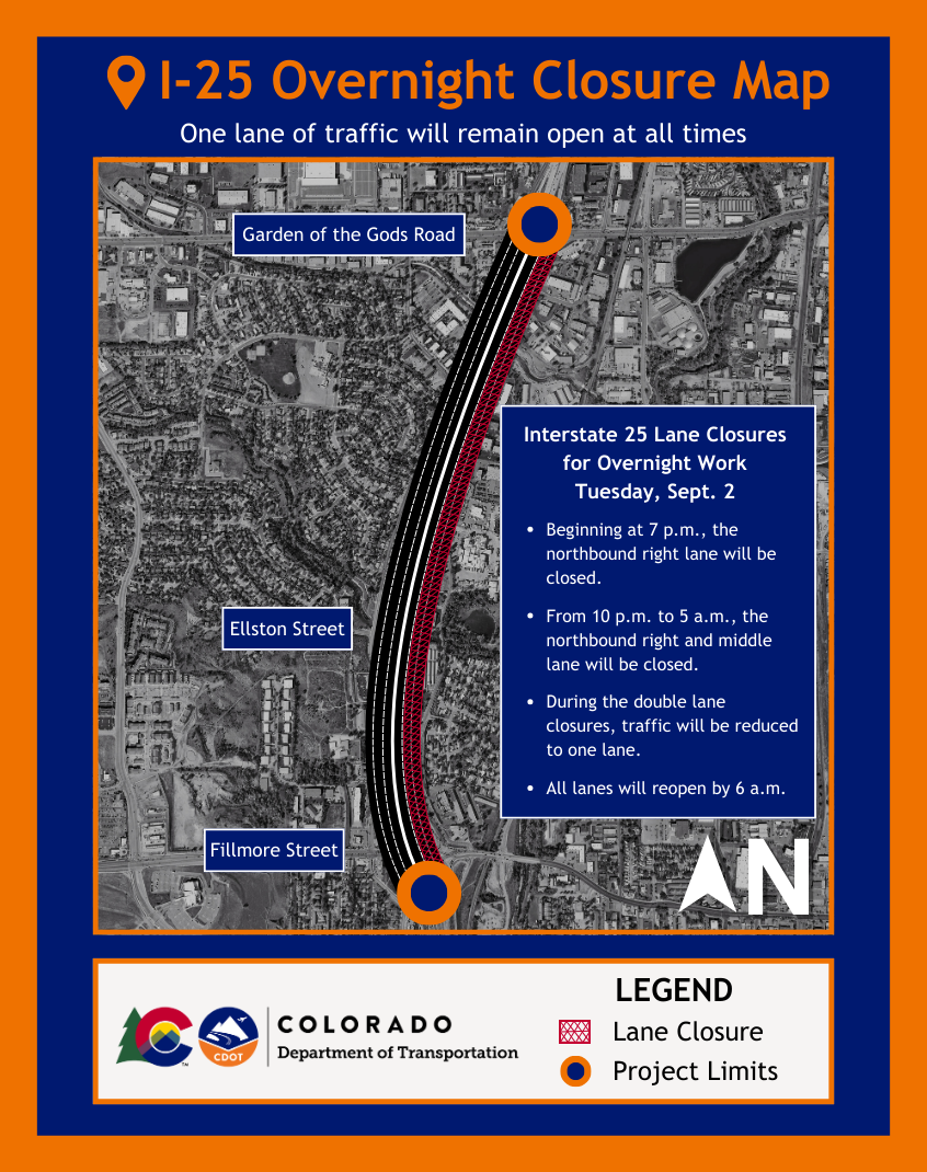 Closure map for I-25 northbound in Colorado Springs 09022025.png detail image