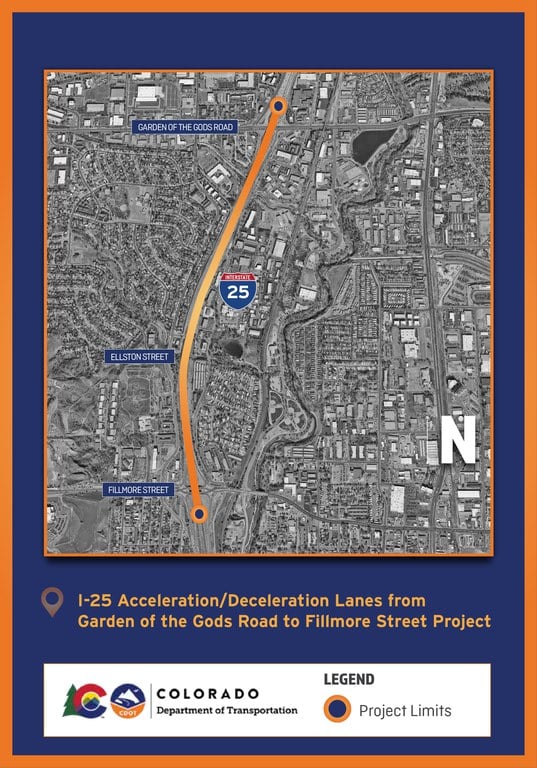 I-25 acceleration and deceleration lanes from Garden of the Gods Road to Fillmore Street. I-25 acceleration and deceleration lanes from Garden of the Gods Road to Fillmore Street.