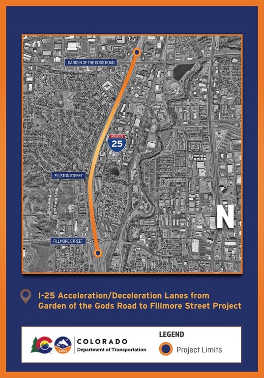 I-25 acceleration and deceleration lanes from Garden of the Gods Road to Fillmore Street.