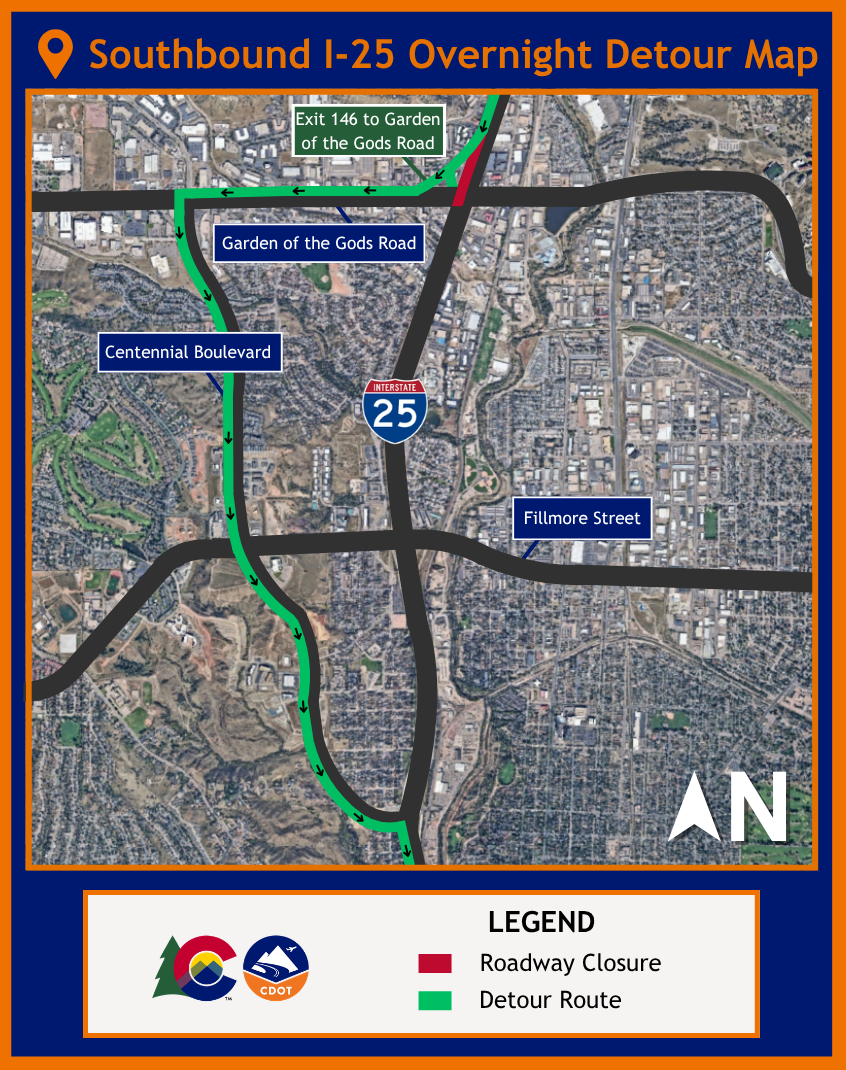 I-25 Acceleration Deceleration Garden of the Gods Southbound I-25 Closure Detour April 2026.png detail image